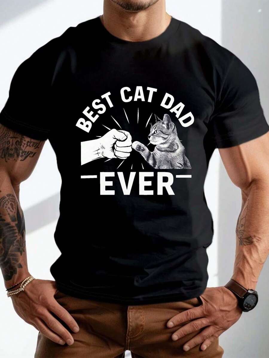 "Happy Valentine's Day"Best Cat Dad Ever" Graphic Tee For Men - Breathable Polyester, Casual Round Neck T-Shirt For Summer