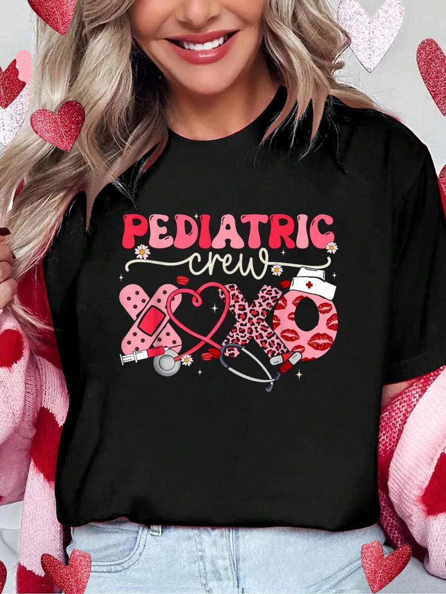 Pediatric Crew Nurse Valentine Leopard Crew PEDS T-Shirt Print Cotton T-Shirt For Summer, Women's Soft Short Sleeve Top, Stylish Comfy Tee For Women Graphic Tees