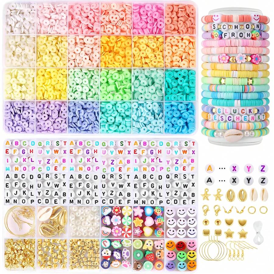 Un set de 3500/2800 cuentas, con cuentas Heishi de 6mm para hacer pulseras y brazaletes, incluye cordón elástico para hacer pulseras de la amistad, con 24 colores de cuentas de arcilla polimérica, convirtiéndolo en un regalo perfecto para manualidades DIY para familiares y amigos.