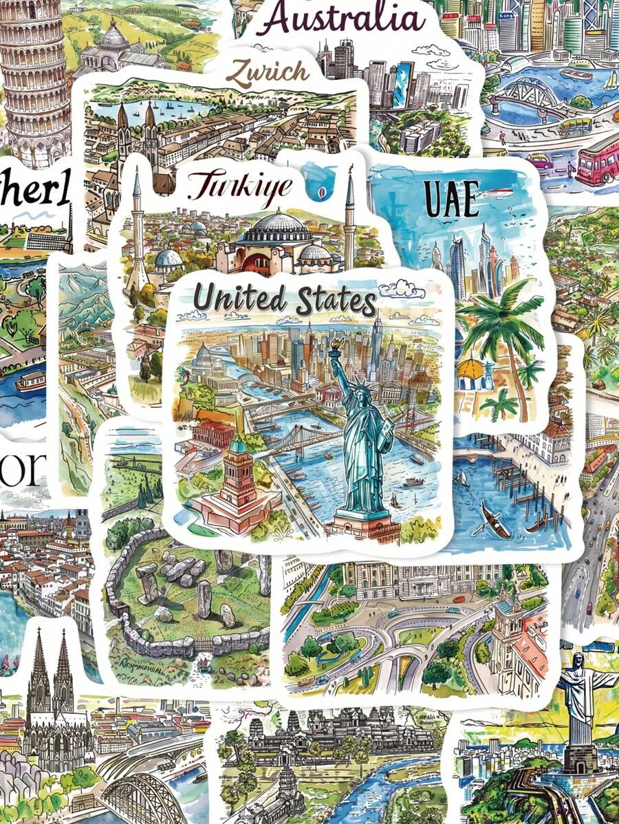 50pcs Handpainted Travel Map Stickers, Cartoon City Style, High-Quality DIY For Phone Case, Waterproof Scrapbooking Stickers,School Supplies,Back To School