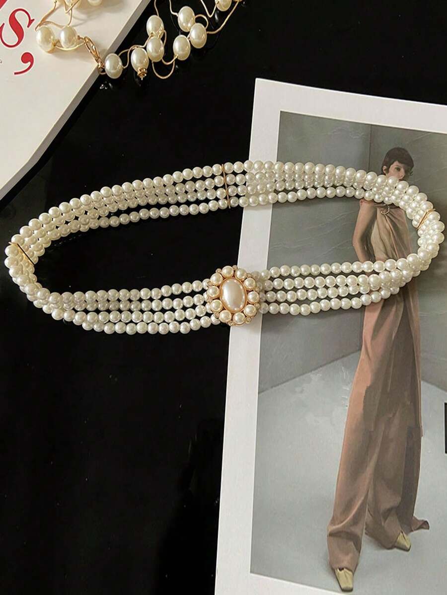 1pc Women's Waist Belt With Faux Pearl Sunflower Crystal Decoration, Elastic Waist Belt To Pair With Dresses, Elegant & Fashionable European And American Style