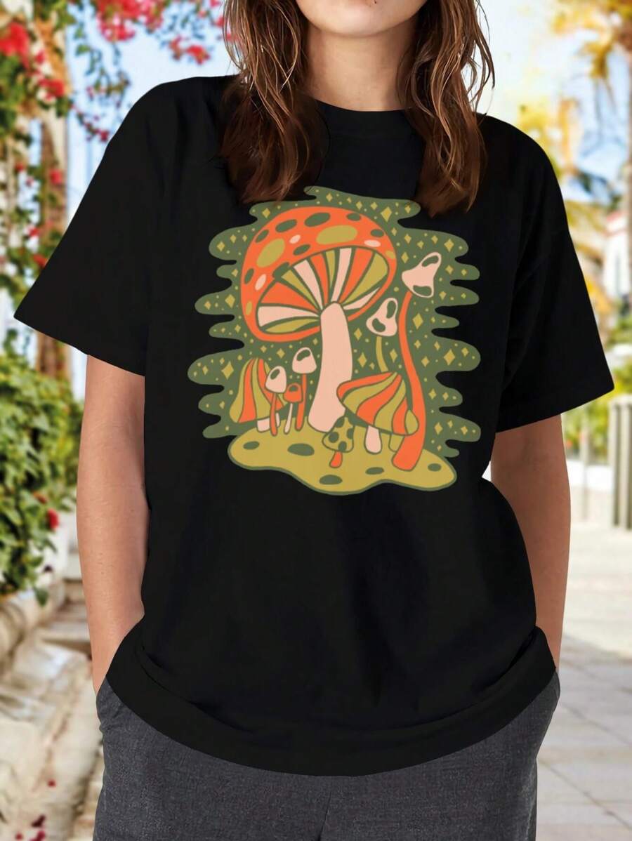 Forest Of Mushrooms – A Playful And Whimsical Mid-Century Modern Illustration Featuring Retro Organic Mushrooms In Nature With Green And Orange Hues For Women's Women T-Women's Shirt