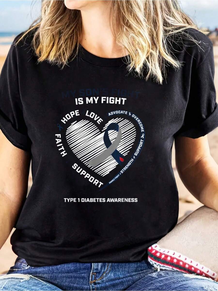 100% Cotton T1D Mom Dad My Son's Fight Type 1 Diabetes Awareness Gifts Funny Print Women's T-Shirt, Round Crew Neck Soft Short Sleeve T-Shirt For Spring Summer, Fun Graphic Tops T-Shirts For Women