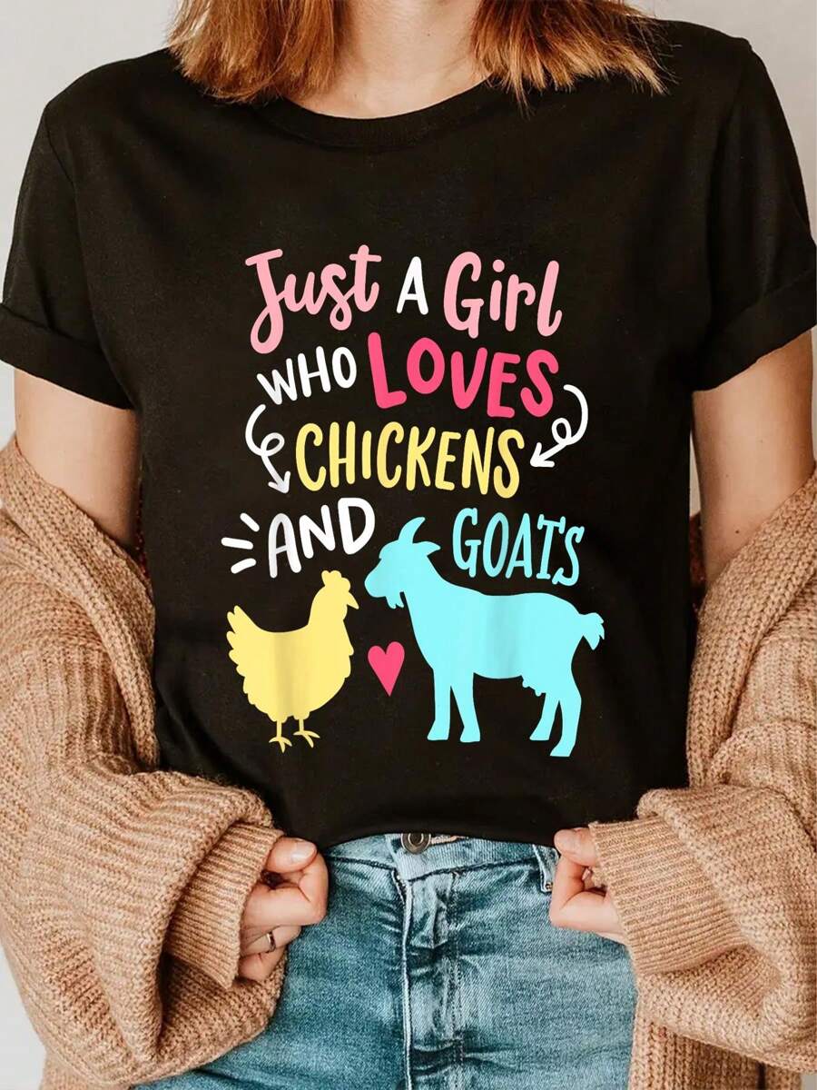 Cute Girl Who Loves Chickens Goats Lover Farmer Girls Funny T-Shirt Casual Short Sleeve Shirt