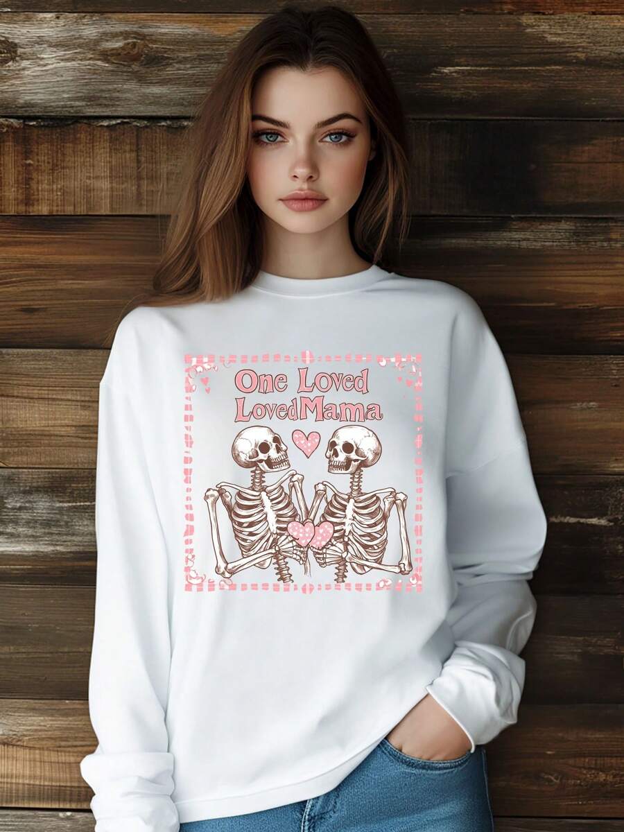 Women Valentine's Day Skeleton Pink Love Mama T-Shirt Fashion Print Long Sleeve Round-Neck Loose Fit Tops Streetwear
