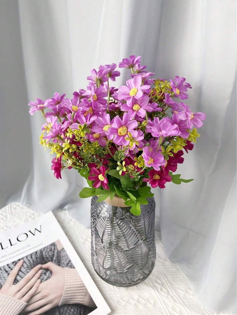 5Pcs Artificial Flowers For Home Fake Colorful Daisy Wedding Bridal Bouquet, Artificial Plants No Fade Greenery Shrubs Faux Purple Flowers For Outside Home Wedding Garden Spring Summer Décor