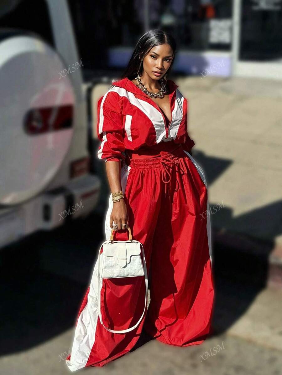 2 pièces Ensemble de Top de sport décontracté ample à patchwork en tissu tressé avec fermeture éclair et poches larges et pantalon assortis