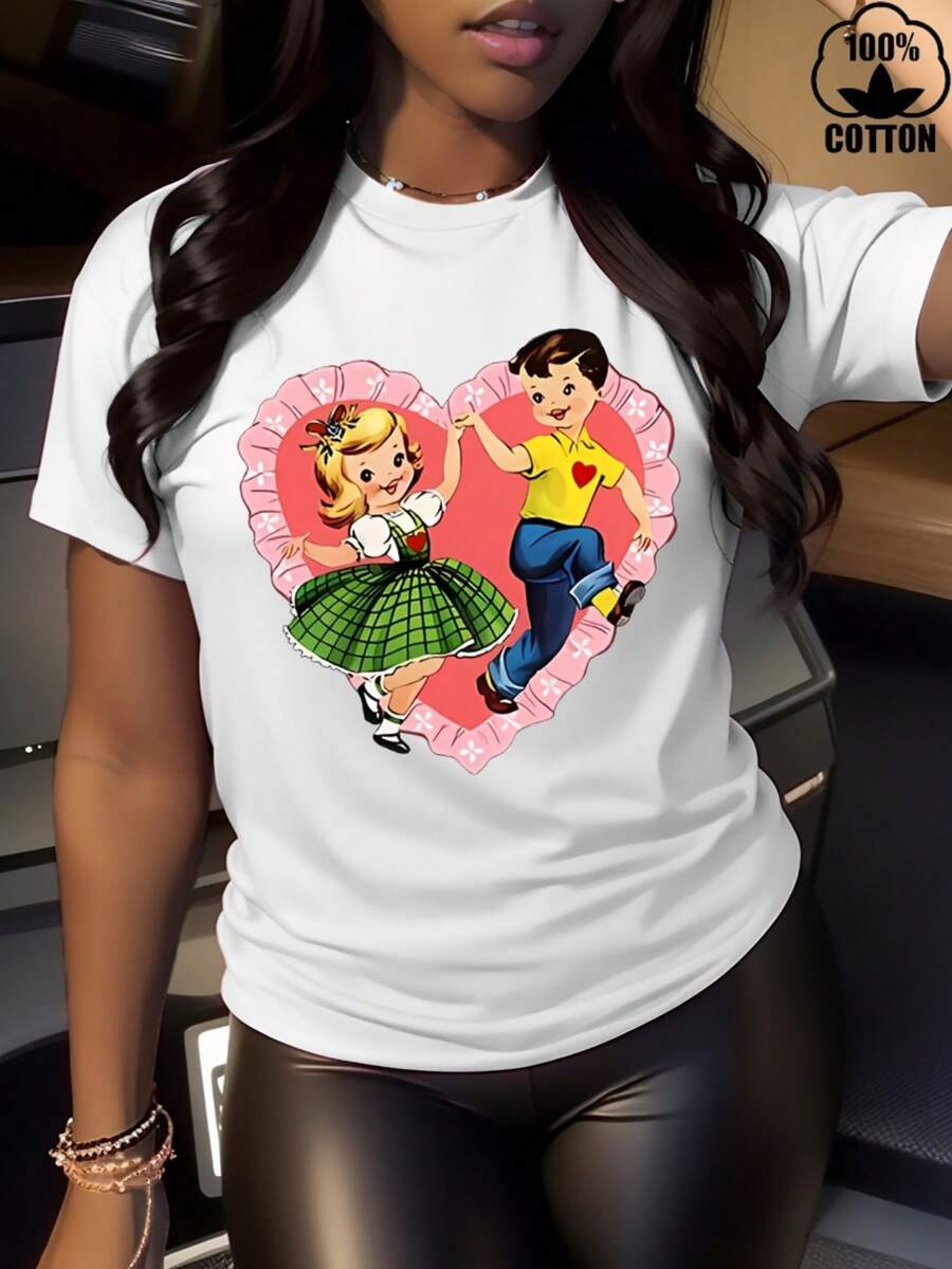 Happy Valentine'S Day Women's Vintage Valentines Day Shirt,Cute Valentines Vintage Graphic T-Shirt, Women's 220g Round Neck Casual Heavy Pure Cotton T-Shirt (1 PC)