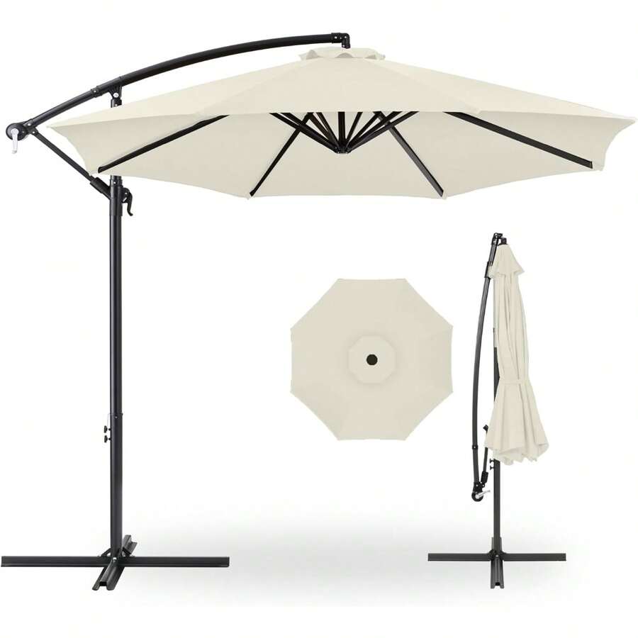 10ft Offset Hanging Market Patio Umbrella W/Easy Tilt Adjustment, Polyester Shade, 8 Ribs For Backyard, Poolside, Lawn And Garden