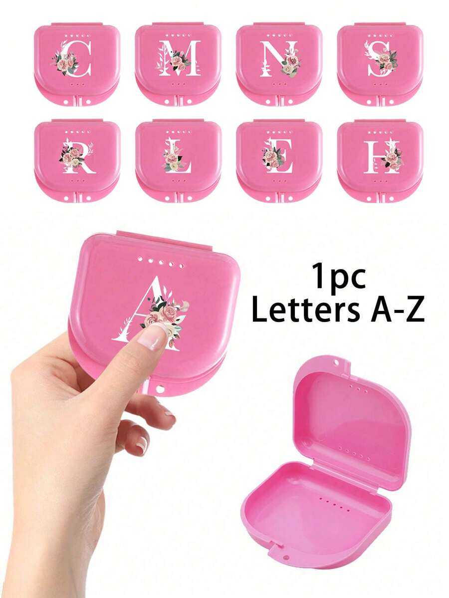 Estuche de almacenamiento para retenedores dentales ortodónticos con patrón de flores rosas y letras blancas de la A a la Z, contenedor para protector bucal, estuche para dentaduras, caja ventilada para aparatos de ortodoncia, caja para retenedores, caja de almacenamiento dental, caja para colocación de dentaduras, seguro y fácil de usar, suministros para el hogar, la oficina y el dormitorio, artículos de almacenamiento doméstico, fácil de transportar