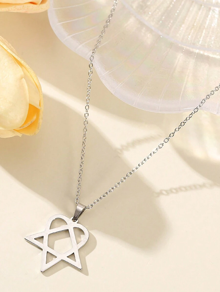 1pc Fashionable Stainless Steel Geometric Triangle & Heart Shaped Necklace