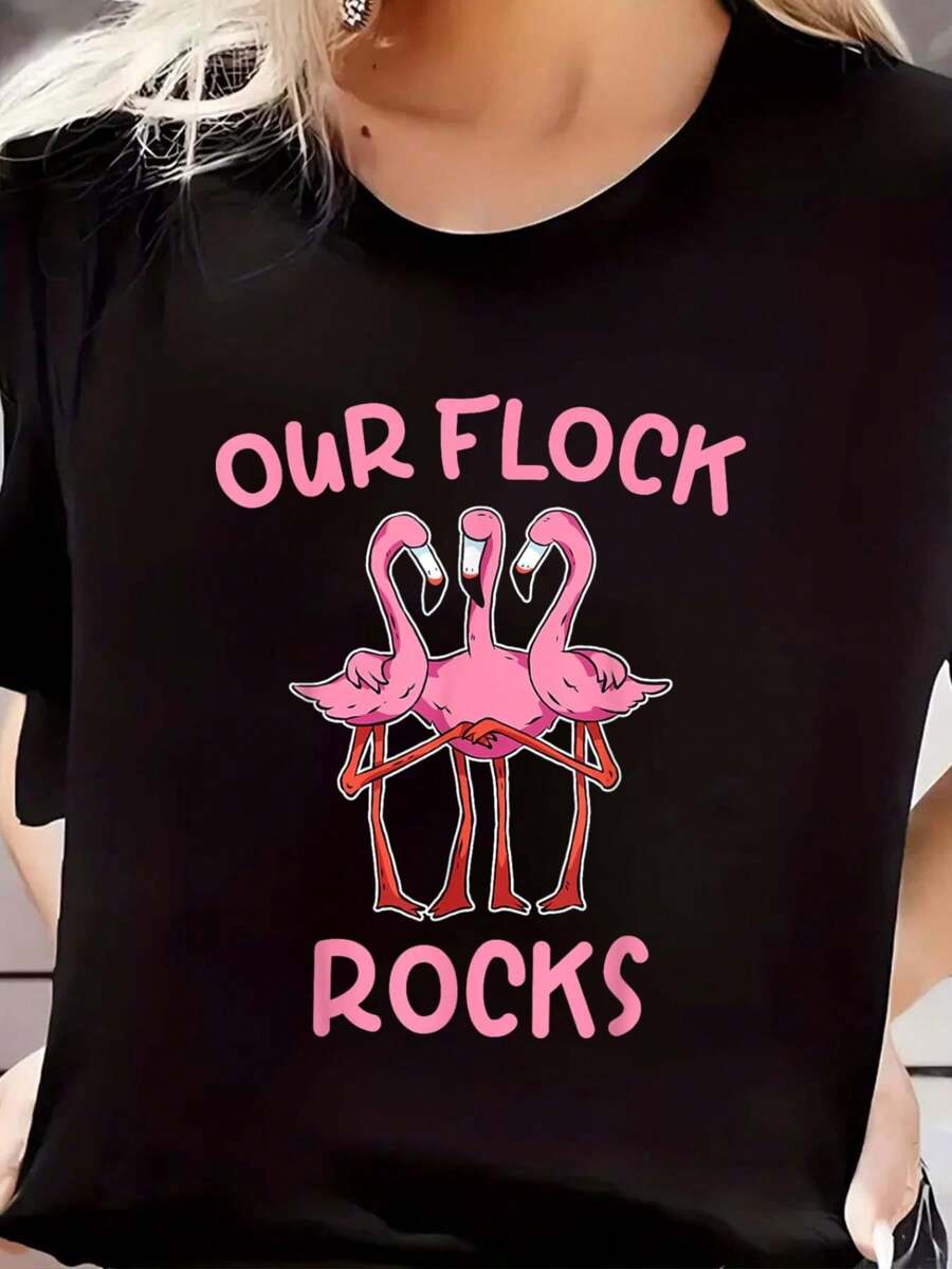 Our Flock Rocks Flamingo Matching Family Vacation Group T-Shirt Print Short Sleeve Casual T-Shirt, Women O-Neck Pullover Top Graphic Tees Women Tops