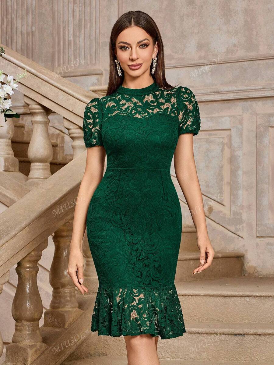 MIUSOL Vintage mock neck bloemenkant pofmouw cocktailparty bodycon jurk
