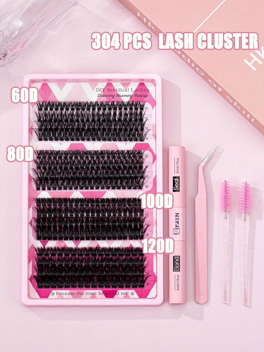 304 piezas D Curl, Kit de Racimos de Pestañas 60D 80D 100D 120D - Kit de Racimos de Pestañas, Kit de Extensión de Pestañas, Pegamento y Sellador, Pincel, Pinzas, Extensiones de Pestañas en Racimos, Kit de Extensión de Pestañas DIY para usar en casa, Pestañas Postizas
