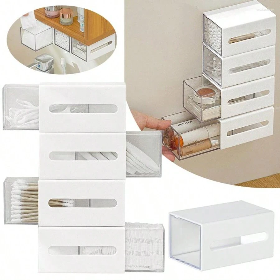 2 stuks aan de muur bevestigde Qtip-houderdispenser, badkamerorganizers en opbergers voor schone ballen, reinigingsstaafjes, ronde pads, floss-prikkers - badkameraccessoireset, kantoor-dressoirorganizer, geen boren