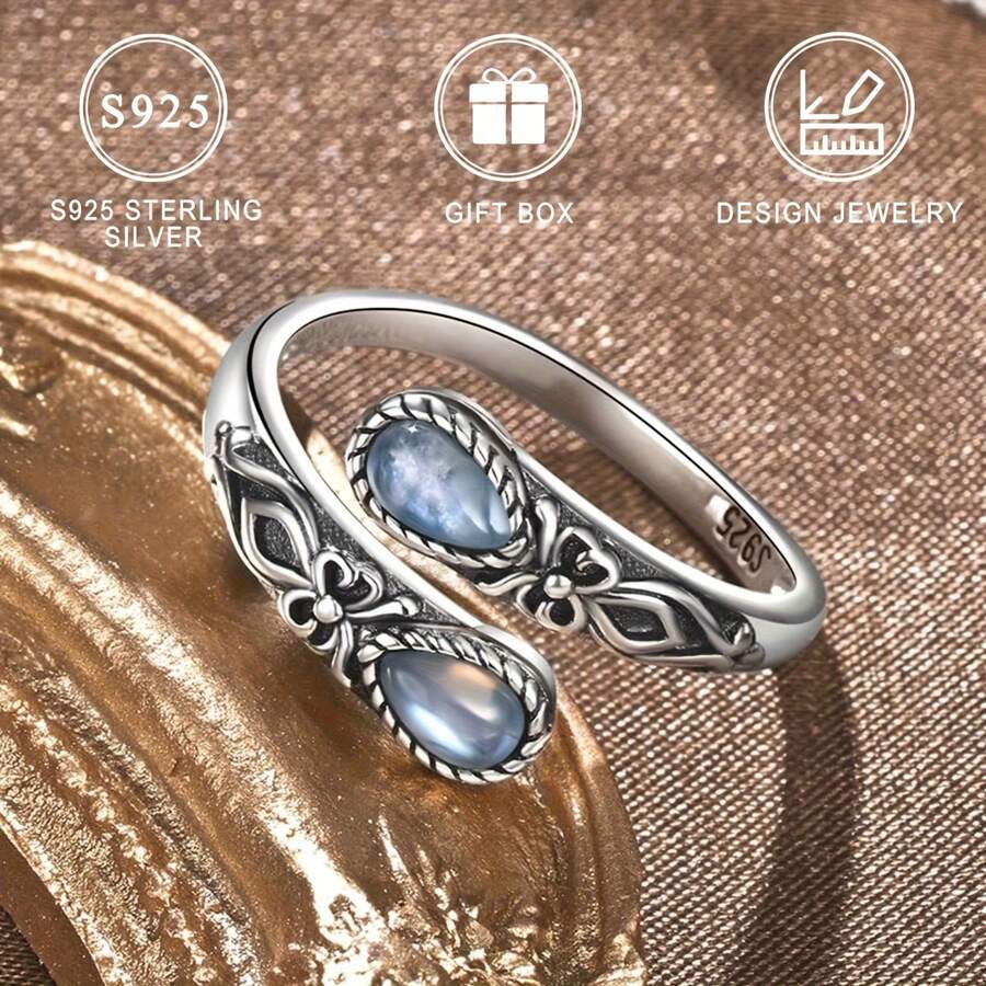 S925 Sterling Silver Moonstone Spoon Ring, Hypoallergenic Nickel-Free, Victorian Vintage Style, Adjustable Butterfly Thumb Jewelry, Bohemian Holiday Theme, Synthetic Stone,, Gift Box Included, Women'S Fashion Accessory For Daily Wear