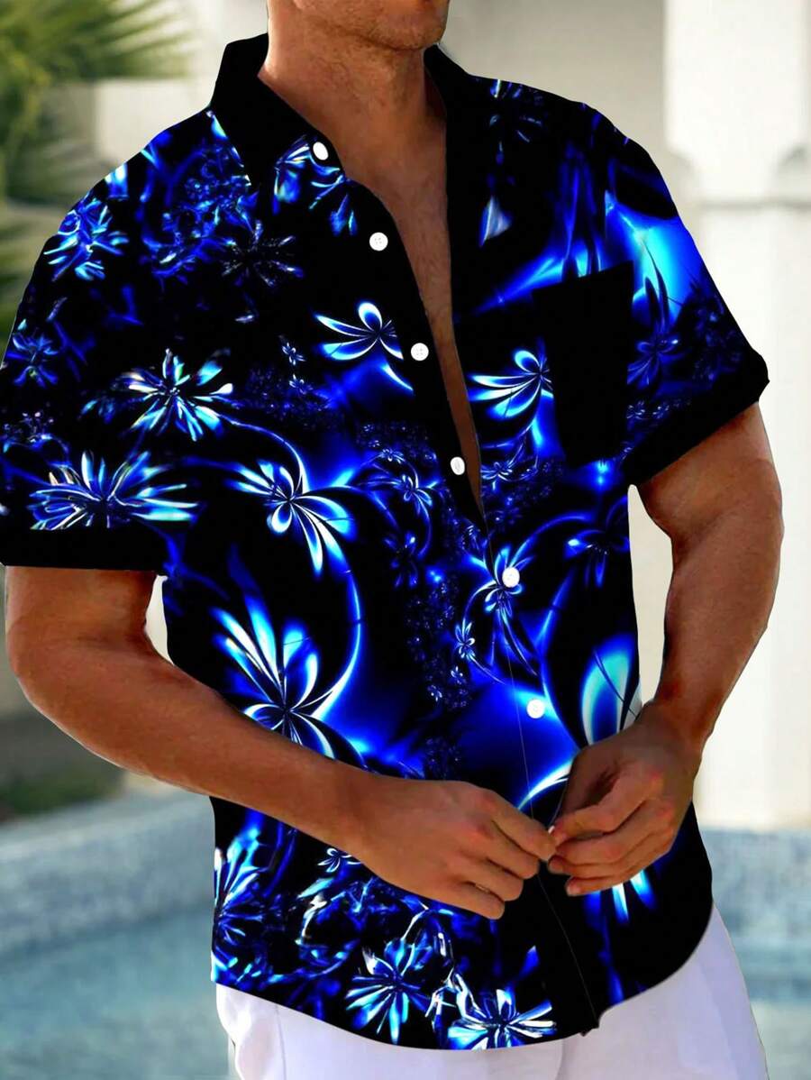 Hawaiian Gradient Floral 3D Print Men's Button Pocket Short Sleeve Shirt