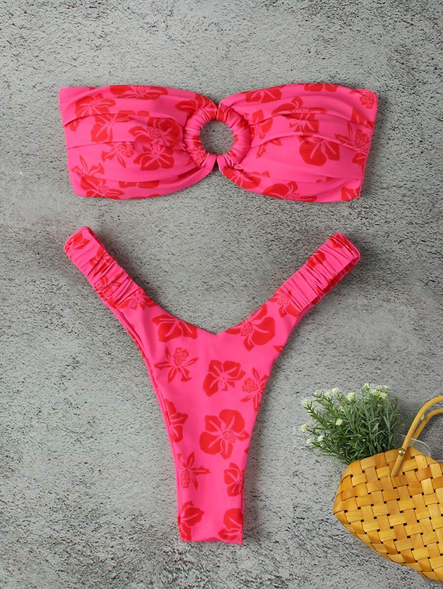 Conjunto de bikini con estampado floral oficial de polo y fruncido