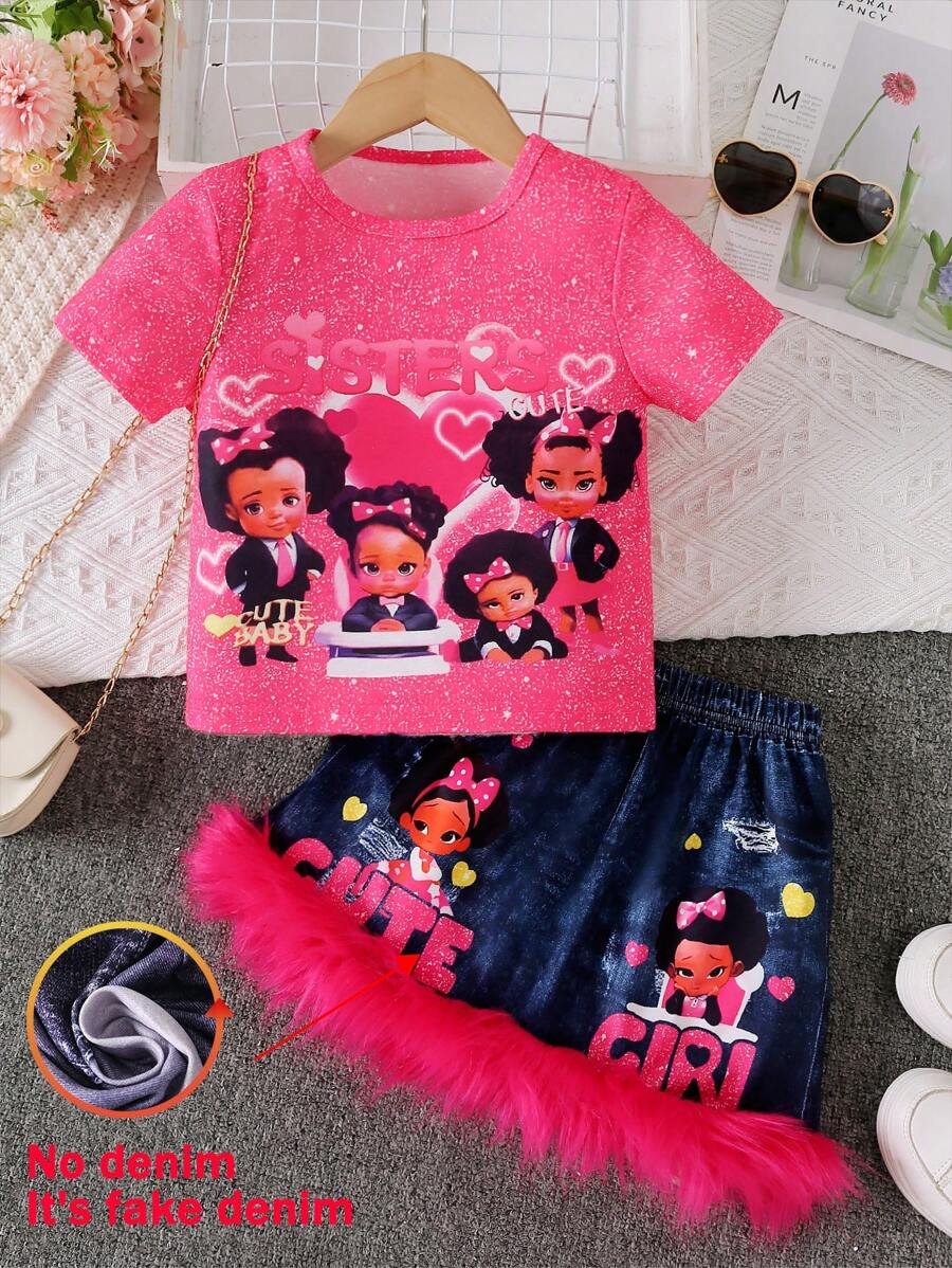 2 pezzi/set Outfit estivo casual per bambine e ragazze, top a girocollo + gonna con balza stampata, versatile per uso all'aperto e quotidiano