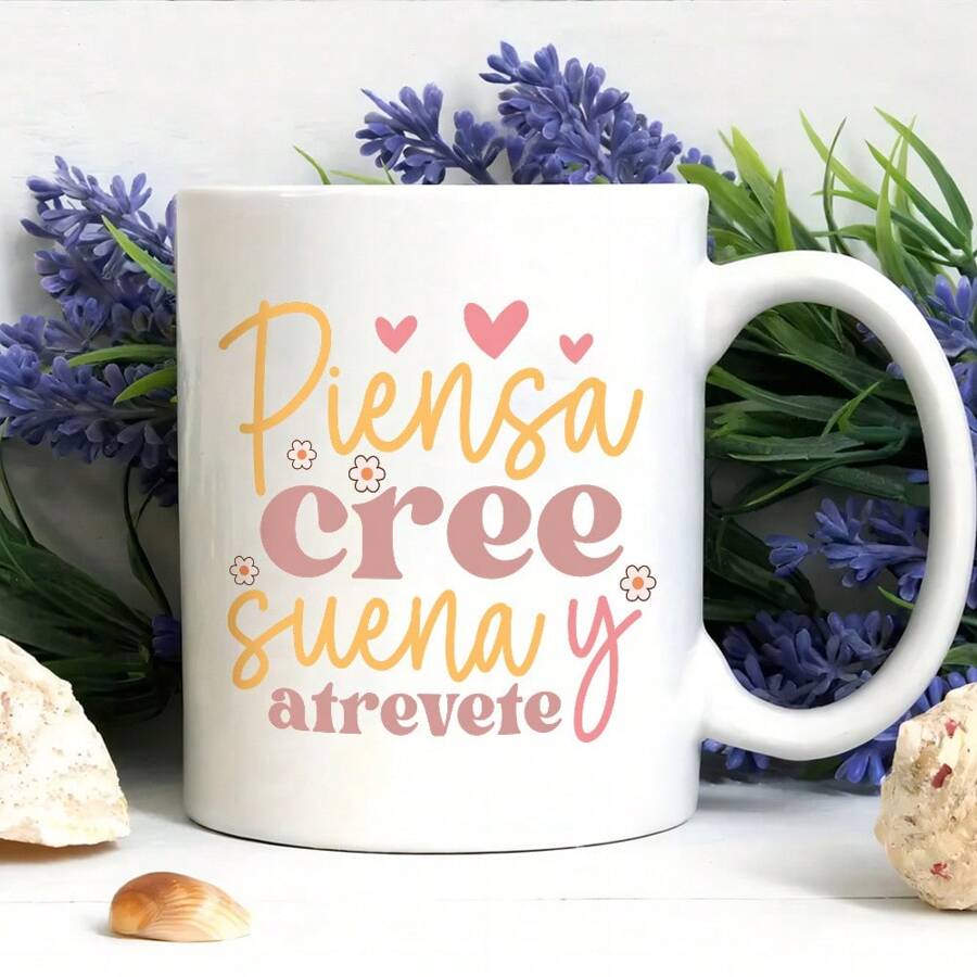1pc Ceramic Inspirational Mug 11oz - 'Dream Big' Spanish Quote - Dishwasher Safe, White With Colorful Accents - Ideal Gift For Aspiring Minds, Hispanic Culture Enthusiasts