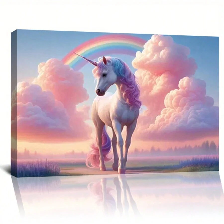 Framed Charming Unicorn & Colorful Clouds Canvas Print Wall Art For Living Room, Perfect Gift For Birthdays & Holidays, Close-Up Poster, Home Decor, Friend GiftRoom, Living Room, Kitchen, A Festive Touch For Valentine's And New Yea Decor