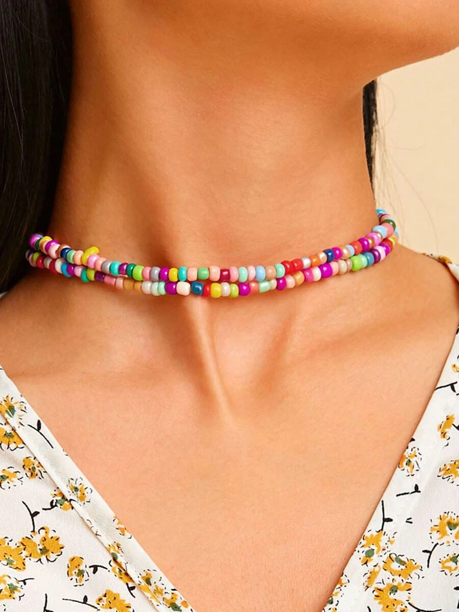 imoli 1pc Bohemian Style Colored Beaded Multi-Layer Necklace For Women, Party Gift (Handmade, Cut To Size, Random Bead Colors)