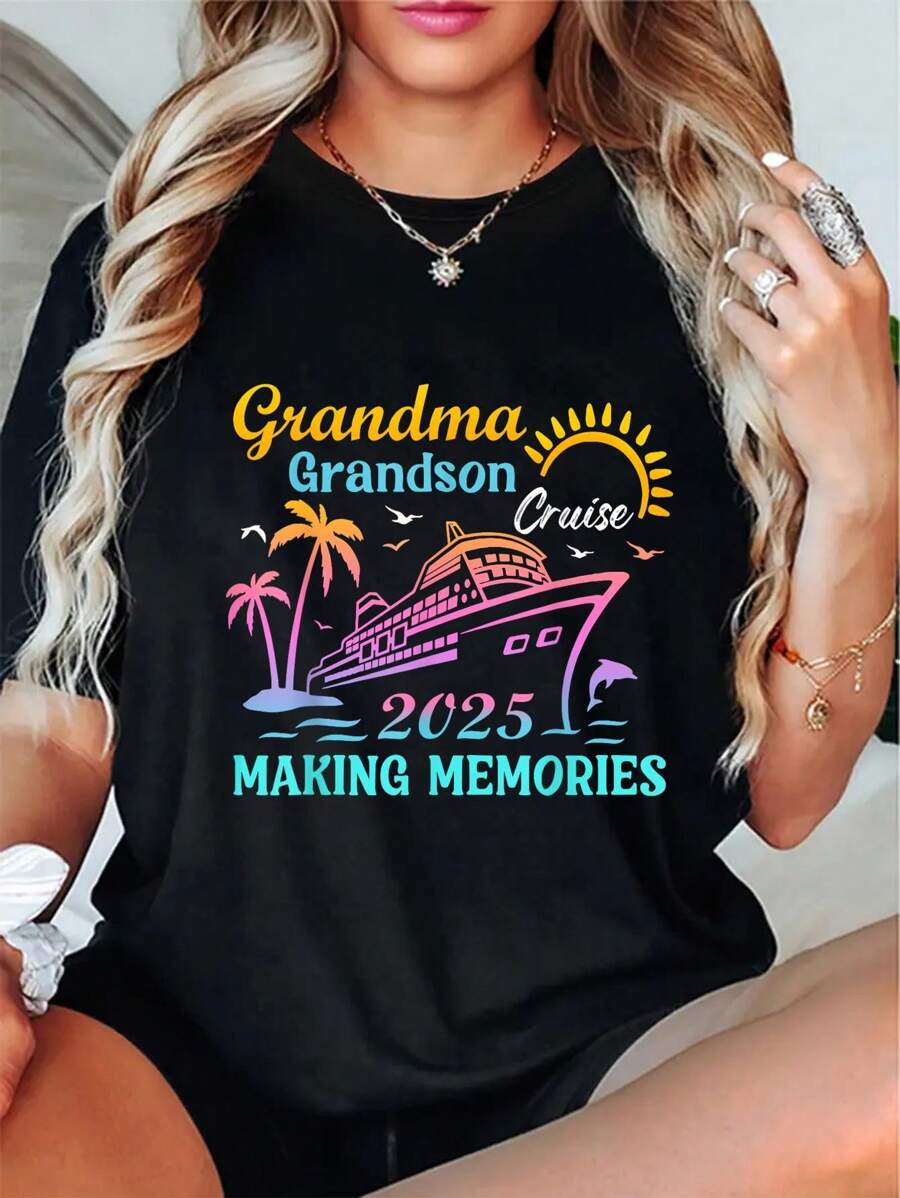 Grandma Grandson Cruise 2025 Memories Ship Trip Vacation T-Shirt Women's Men's Graphic Tee Causal Tops