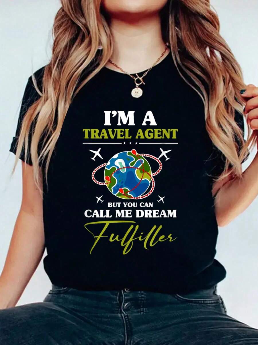 Vacation Planner Travel Agency Travel Agent T-Shirt Women Graphic Print T Shirt, Casual Crew Neck Short Sleeve Top, Cotton Knit Fabric, Regular Fit, All-Season Wear