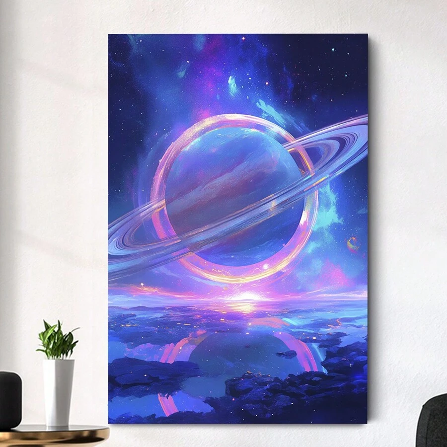 Framed-Futuristic Saturn Canvas Painting - Vibrant Wall Decor For Dining Spaces And Studies,Perfect Gift For Boys Or Girls