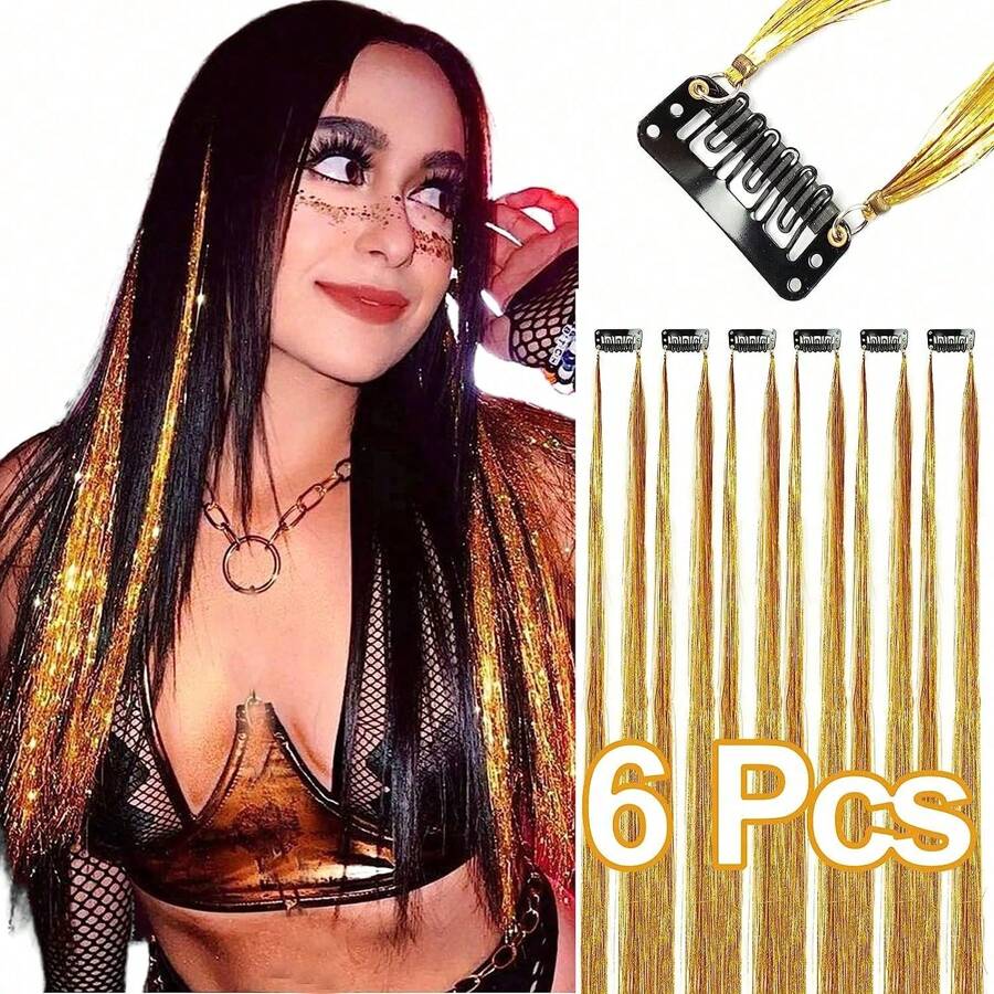 6 Stücke Haar Tinsel Clip, Tinsel Haarverlängerungen, Fairy Haar Tinsel, glitzernde Haar Strähnen 20 Zoll Haar Tinsel, hitzebeständig