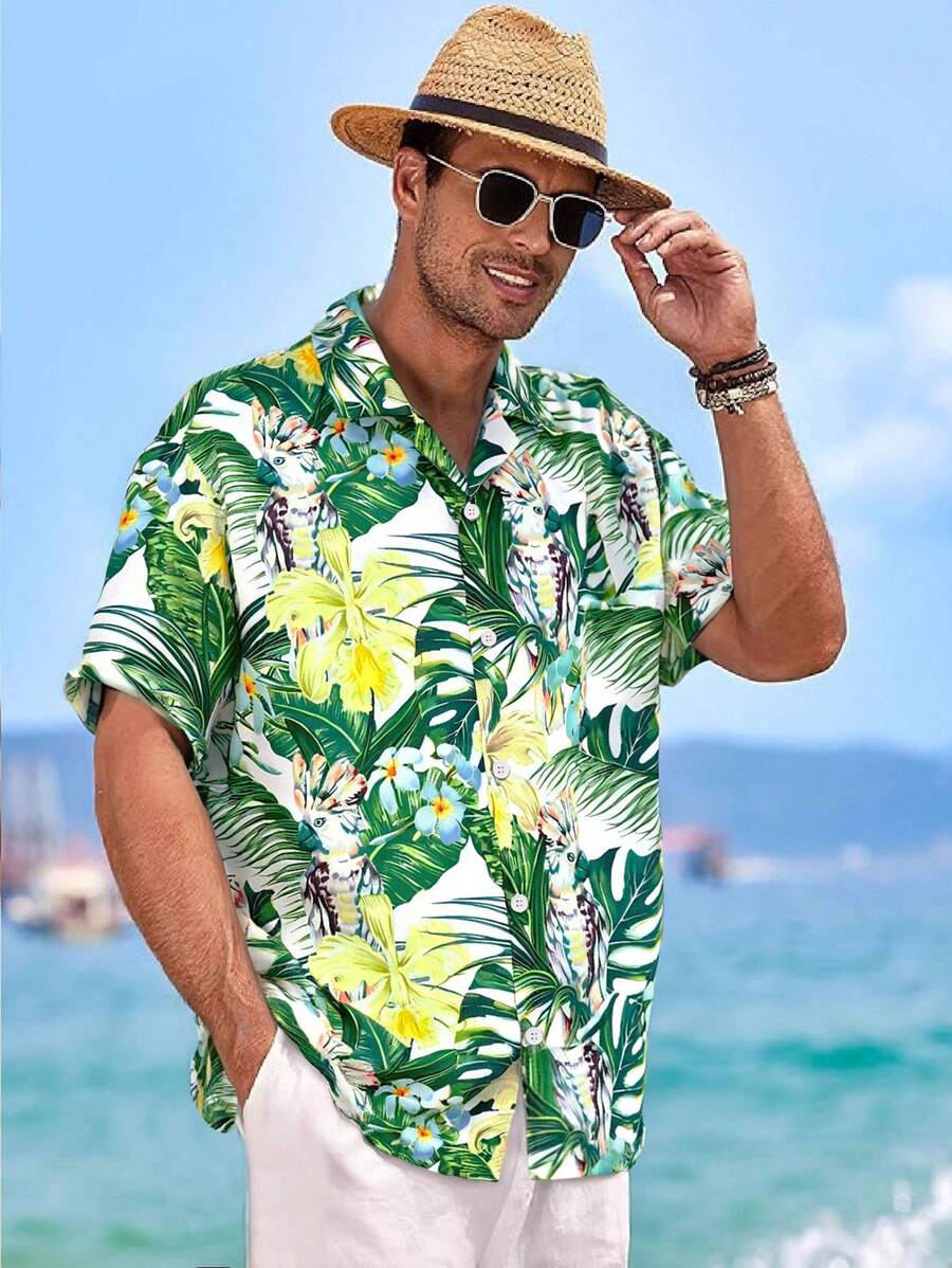 Men's Vacation Casual Printed Shirt, Breathable Short Sleeve Button-Down Shirt, Lightweight & Breezy Short Sleeve Top For Summer