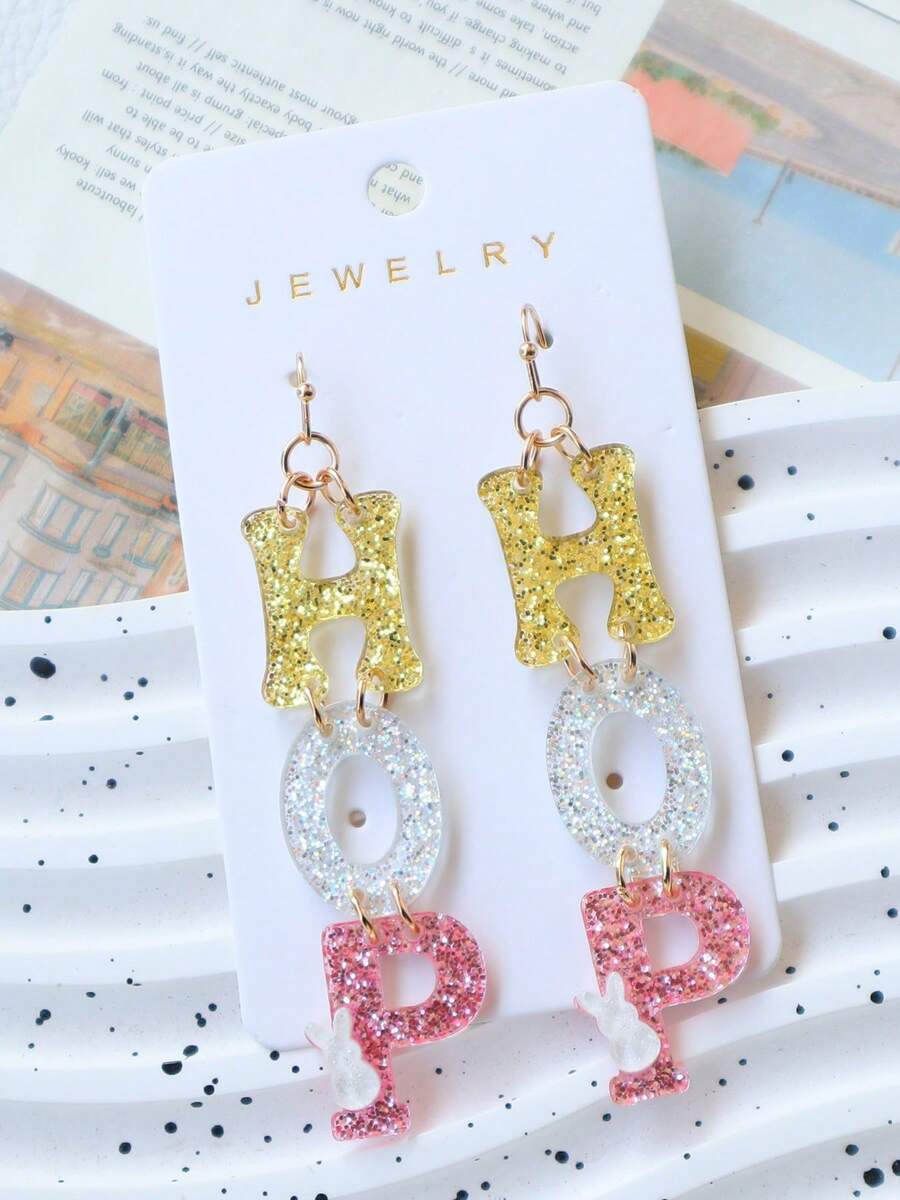 1 par de pendientes colgantes con diseño de conejo y letras "HOP" de acrílico con brillo, exagerados como regalo de fiesta del Día de Pascua