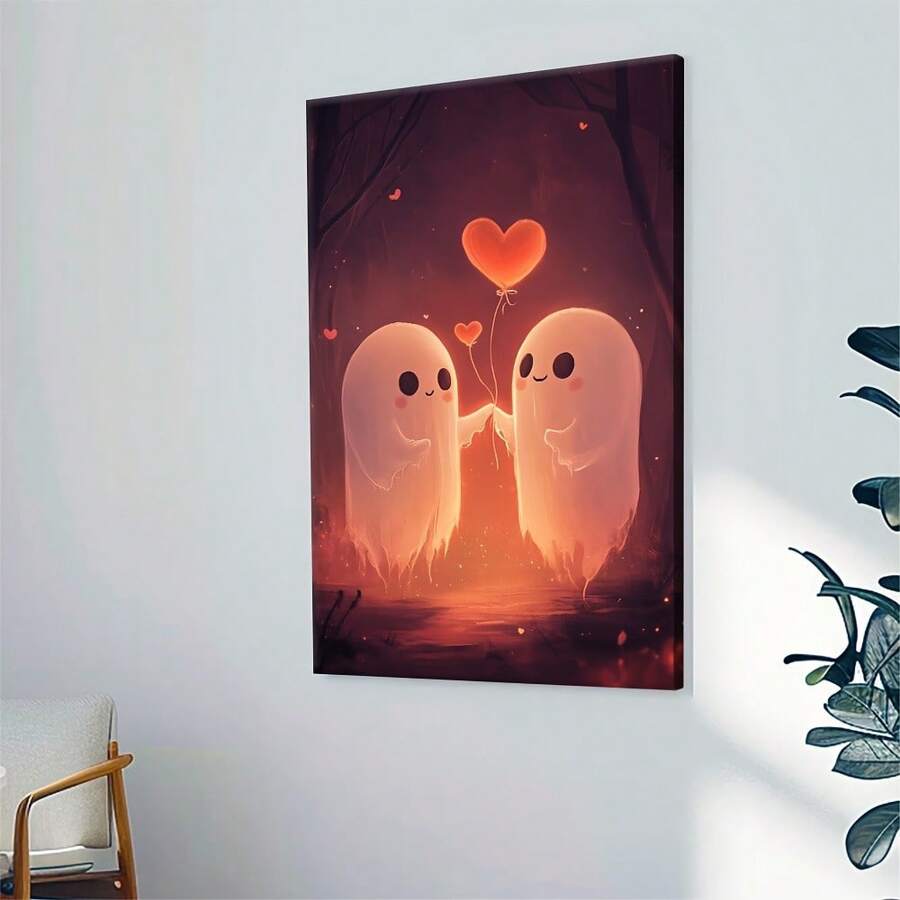 1pc Romantic Ghosts & HeartShaped Balloon Canvas Print " Wooden Framed, Wrapped Wall Art | Whimsical Fort Scene With Sweet Characters | Ideal For Living Room, Bedroom, Kitchen Decor | Thoughtful Valentine's Gift, Bathroom Decoration|Playful Dign|Warm Color Palette, Boho Decor, 2D, Perfect For Room Decor