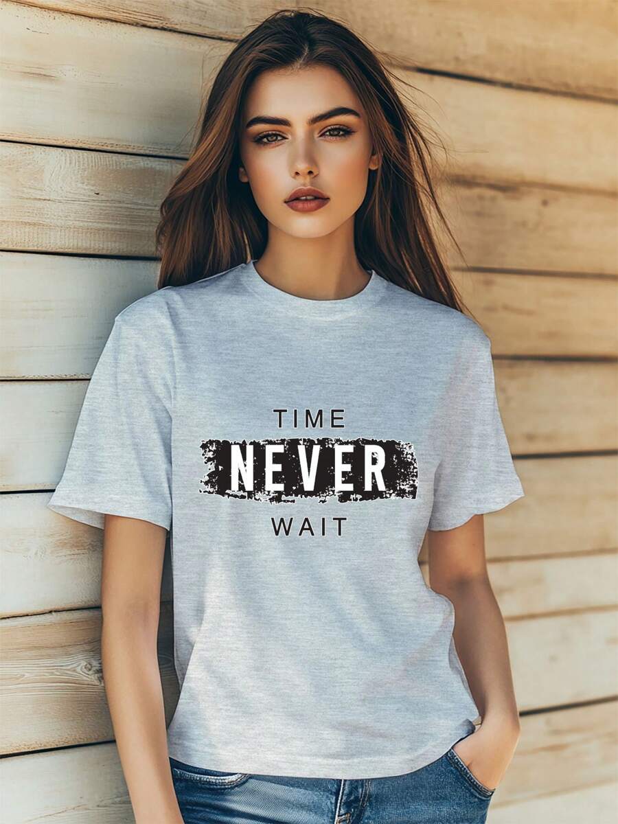 Women's Cool Letter Doodle Print T-Shirt Fashion Short Sleeve Round-Neck Slm Fit Tops Summer Casual Streetwear