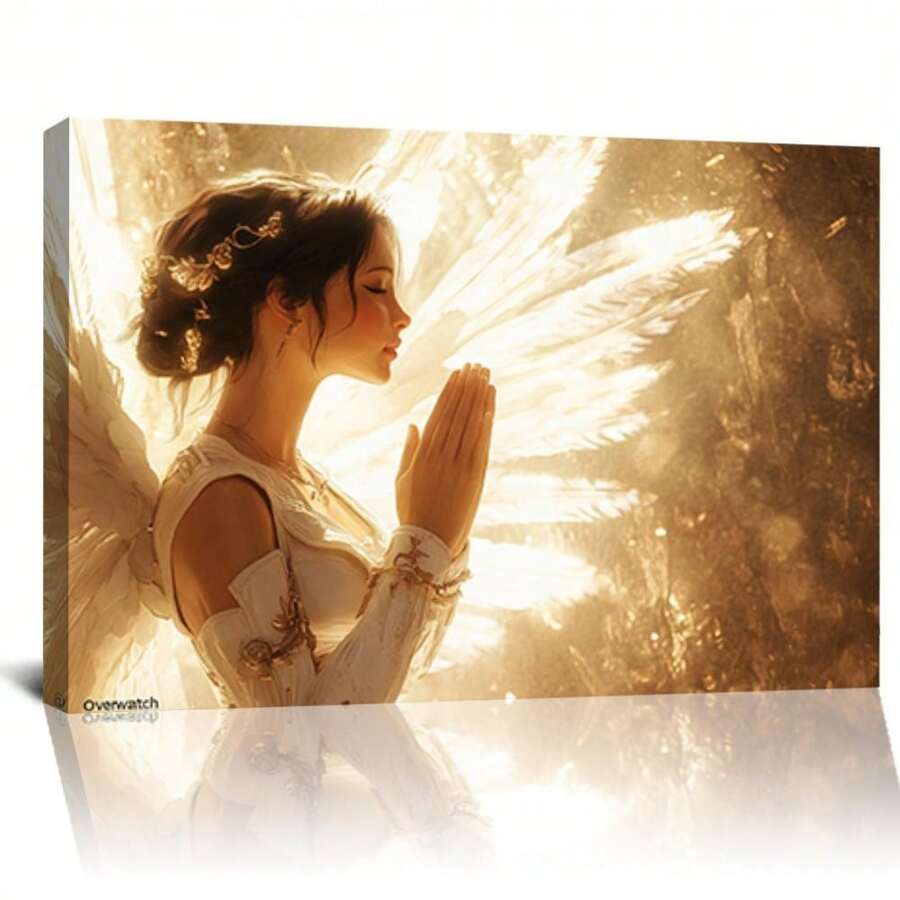 Framed Armored Figure, Ethereal Wings, Serene Expression, Majestic Wall Decor