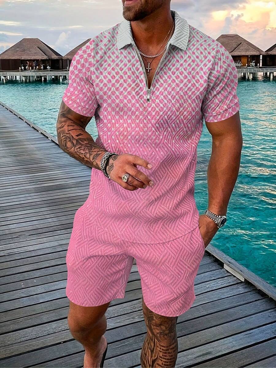 Plus Size Men's Gradient Color Summer Outfit, Short Sleeve Zip Collar Golf Polo Shirt And Drawstring Waist Shorts Set