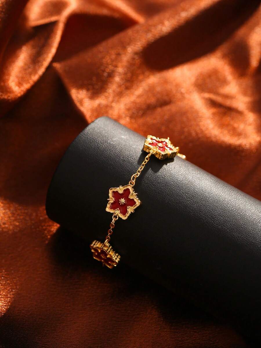 Bracelet floral en émail double face, motif vacances d'été, couleurs rouge, rose, bordeaux, noir et blanc, cadeau minimaliste et à la mode pour la Saint-Valentin, sans coffret cadeau.