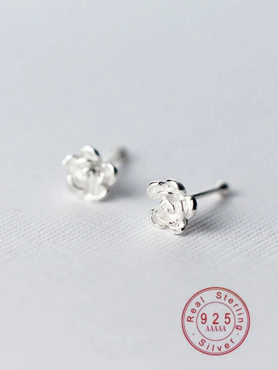 1 Pair S925 Silver Simple Rose Flower Stud Earrings, Fresh & Sweet Design For Girl