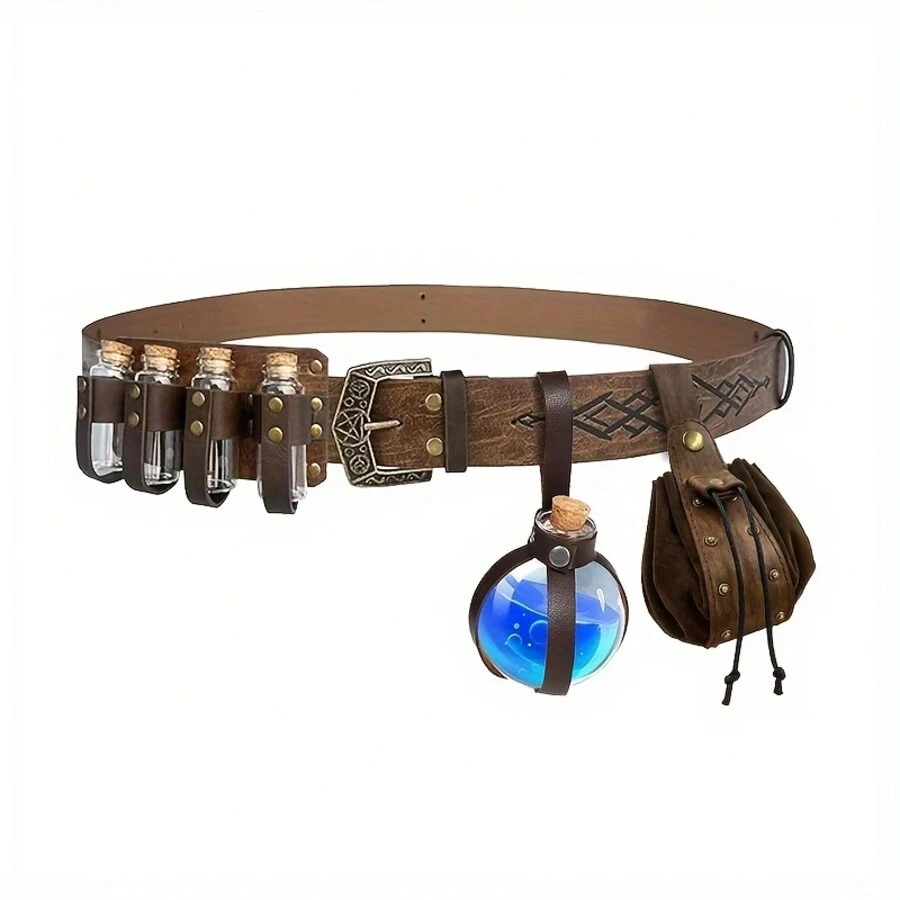 5 pièces/set Vintage en PU médiéval, rétro, faux jeu de sangles, incluant 4 bouteilles en liège et un porte-monnaie. Parfait pour les festivals de la Renaissance, les soirées déguisées