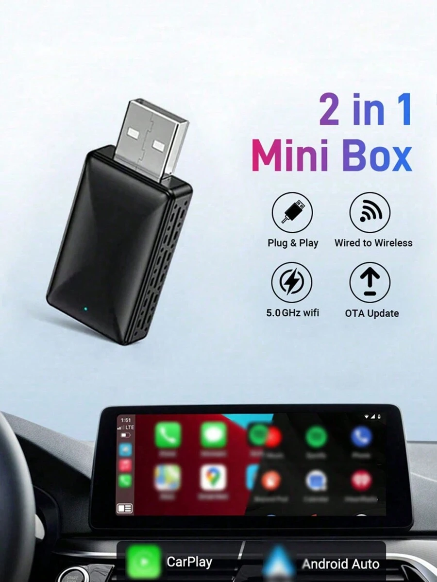Acodo Conexión inalámbrica 2 en 1 Mini con CarPlay y Android Auto para el 99% de los automóviles, mantiene las funciones originales del automóvil, conexión inalámbrica de 5.0GHz WiFi, conexión automática plug and play