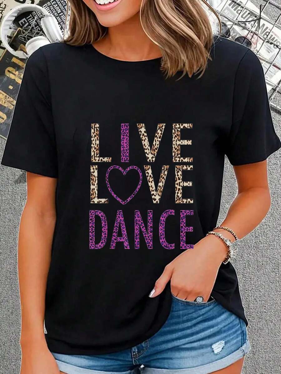 Leopard Pink Cheetah Print Live Love Dance Groovy Boho Cute T-Shirt Casual Short Sleeve Shirt