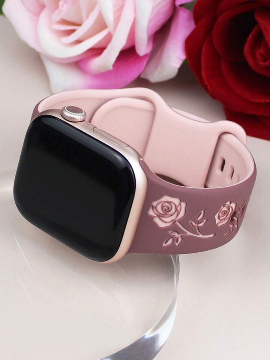 Pulseira compatível com flor de rosa esculpida de 1 peça, 41 mm, 40 mm, 44 mm, 45 mm, 42 mm, 38 mm, 49 mm e 46 mm para mulheres, pulseira floral fofa, pulseira esportiva de silicone macio compatível com Series SE 10, 9, 8, 7, 6, 5, 4, 3, 2, 1 Ultra, pulseira elegante com elemento rosa