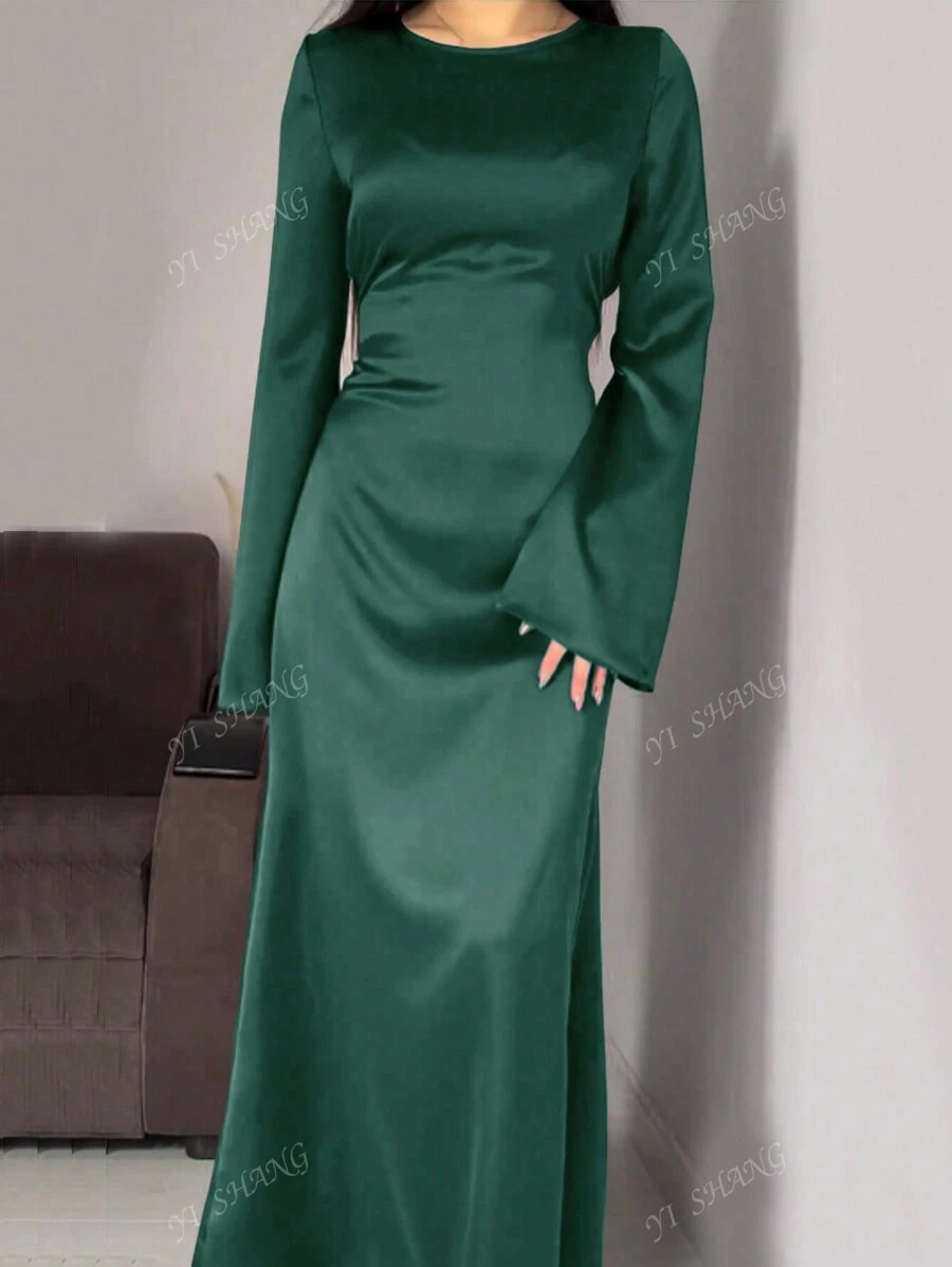 Women's Round Neck Flare Sleeve Tied Waist Elegant Style Arabian Dress,Modest