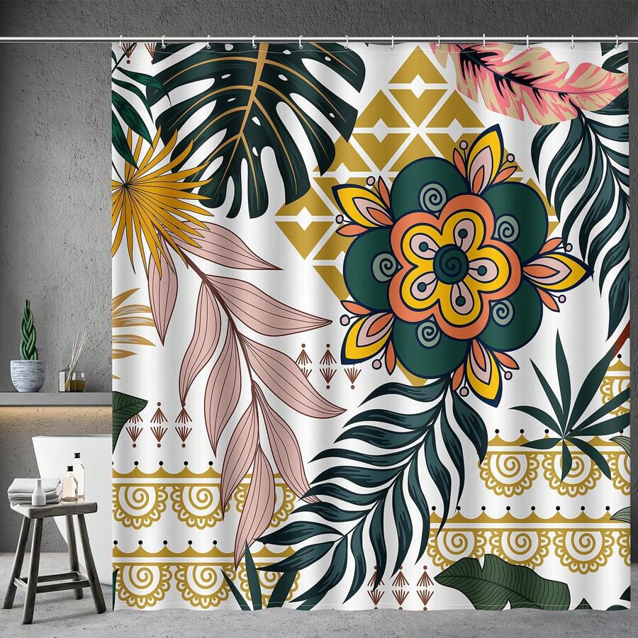 1pc Boho Abstract Shower Curtains-Mid Century Floral Bohemian Flowers Tropical Botanical Bath Shower Curtain