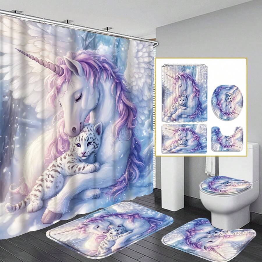 1st/4st schattige witte tijger badkamerset, inclusief douchegordijn, badmat, toiletdeksel, U-vormige antislipmat, waterdicht badkamerscherm, woonaccessoires, geleverd met 12 C-haken, 70,8" X 70,8"