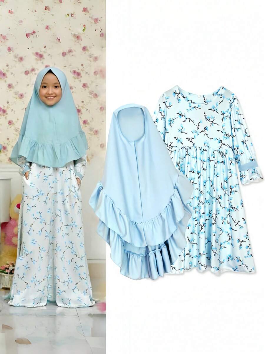2pcs/Set Girls Spring/Autumn Long Sleeve Bowknot Dress + Headscarf, Cute Elegant Dress For Little Girls, Red And Green, Fashionable Outfit For Photos, Stretchy And Beautiful, Suitable For Middle East