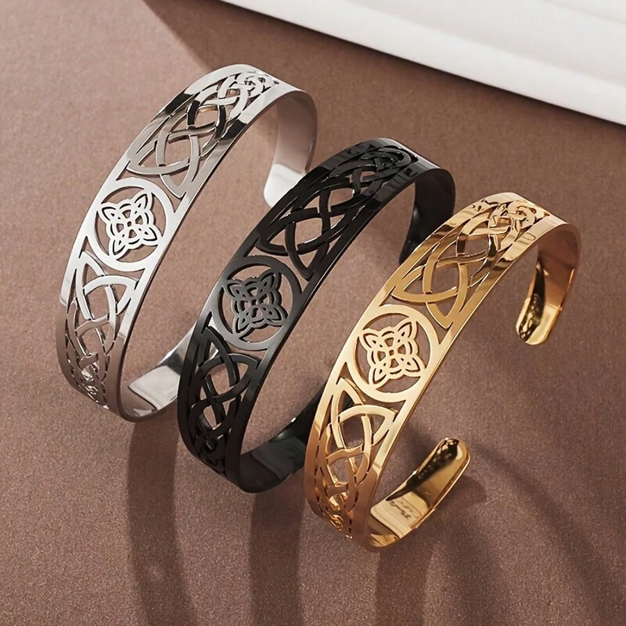 SeuSuk 1pc Adjustable Open Cuff Bracelet With Witch Knot Design, Stainless Steel Celtic Occult Amulet Jewelry, Birthday Gift For Men & Women