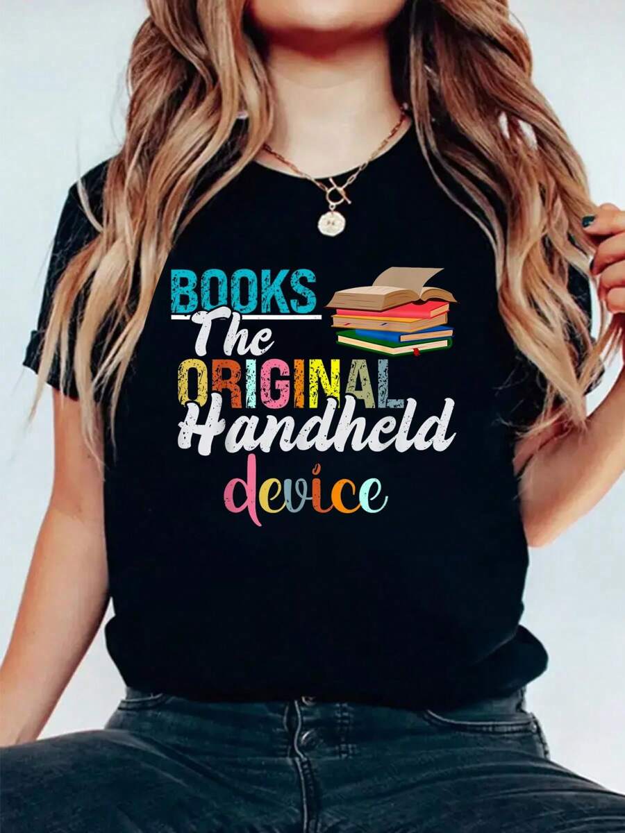 Books The Original Handheld Device Book Librarian T-Shirt Print Cotton T-Shirt For Summer, Women's Soft Short Sleeve Top, Stylish Comfy Tee For Women Graphic Tees