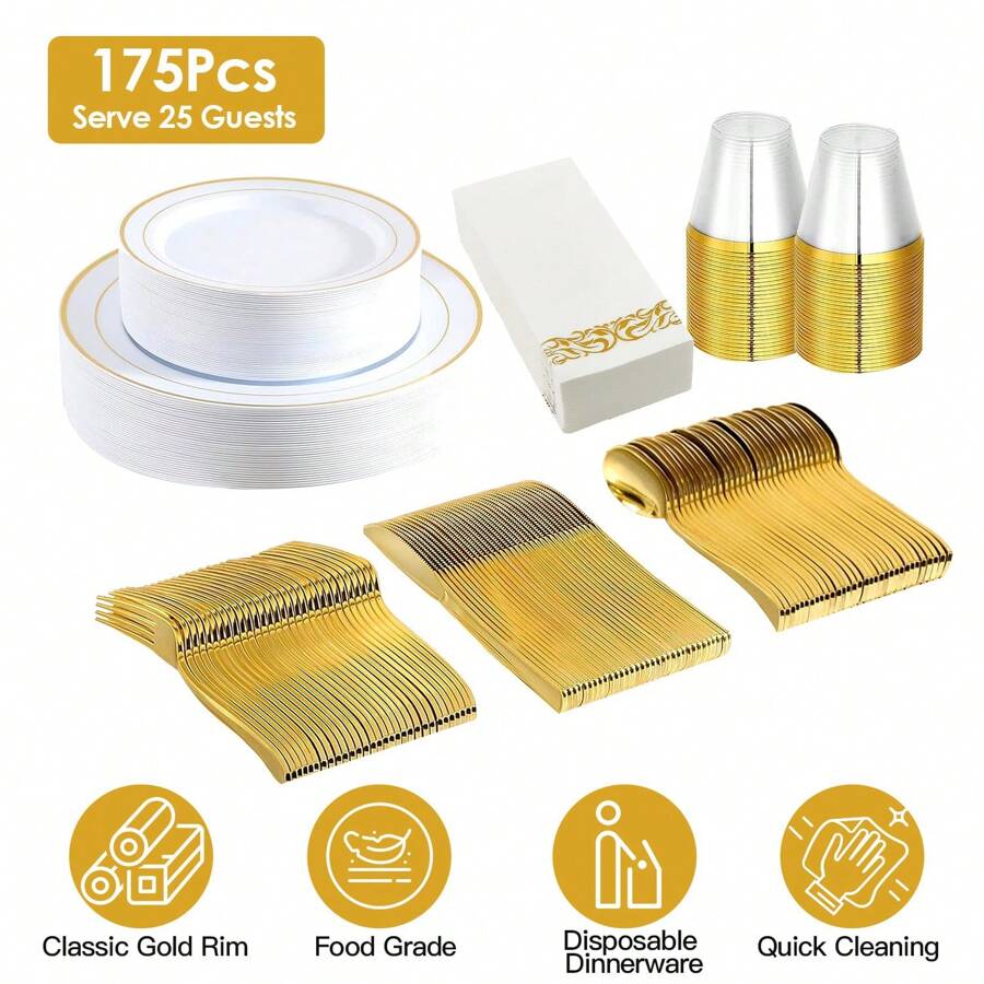 175Pcs Disposable Gold Dinnerware Set Gold Rim Plastic Plates Cups Fork Spoon Knife Paper Napkins For Party Wedding Graduation