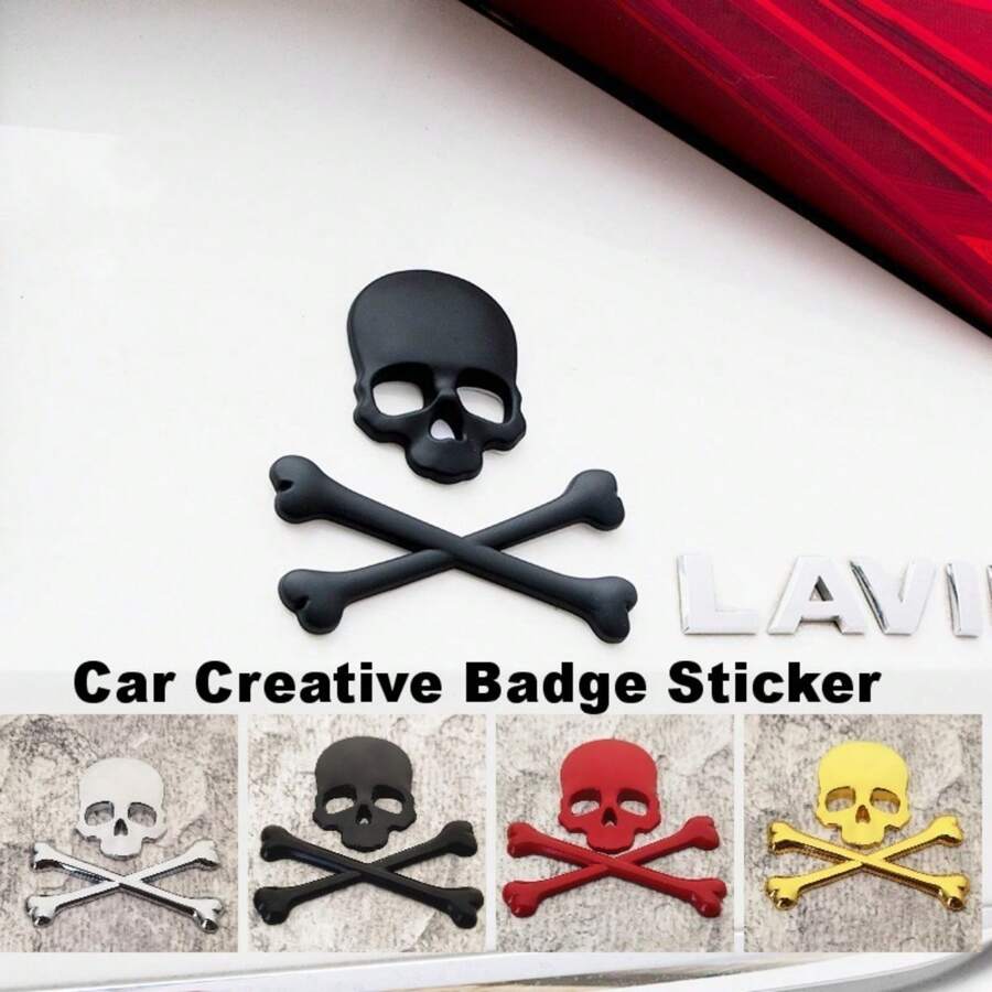1pc 3D Metal Skull Head Car Emblem Sticker, Car & Motorcycle Decal Badge Label, Car Body Decoration Sticker, Suitable For Cars And Motorcycles